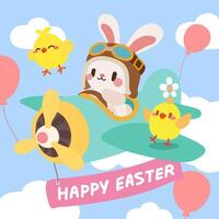 Easter Bunny Pilot Flying a Plane with Cute Chicks. Happy Easter Bunny Soaring in the Sky with Balloons and Chicks. vector