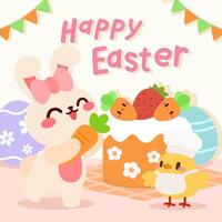 An adorable Easter illustration featuring a cute bunny holding a carrot, a tiny chick dressed as a chef, and a delicious carrot cake with smiling toppings, set in a festive spring celebration. vector