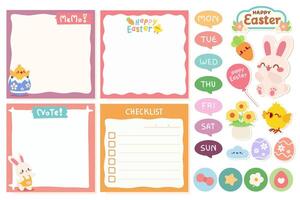 Cute Easter Planner and Stickers Set for Organization. A colorful Easter themed planner set featuring memo pads, checklists, and adorable stickers with bunnies, chicks, and festive decorations. vector