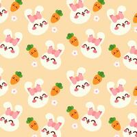 A cute Easter themed pattern featuring cute bunnies with pink bows, smiling carrots, and small flowers on a soft pastel background. vector