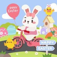 Cute Bunny Riding a Bicycle with Chicks on Easter Day. Happy Easter Scene with a Bunny on a Bike and Cheerful Chicks. Adorable Easter Bunny Cycling with Baby Chicks and Colorful Eggs. vector