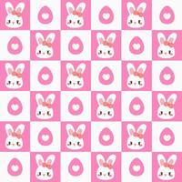 Cute Easter Bunny and Egg Checkered Pattern. A cute checkered Easter pattern featuring kawaii bunny faces with bows and heart-decorated eggs in soft pink and white tones. vector