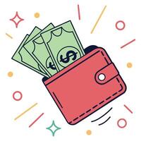 Flat Line Art Wallet with Money and Financial Icon vector