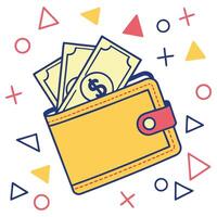 Flat Line Art Wallet with Money and Geometric Elements Financial vector