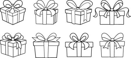 Collection of gift box in doodle style. Hand drawn vector