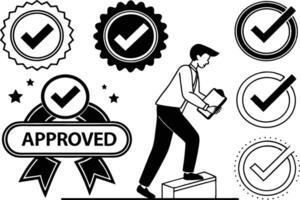 Approved Stamps and Certification Icons set in Black and White vector
