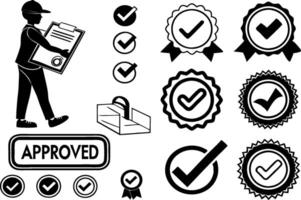 Set of Approved Stamps and Certification Icons in Black and White vector