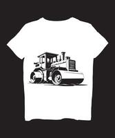 a white t - shirt with a black and white drawing of a bulldozer vector