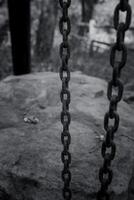 Chains hanging from a structure near a rocky area in a forest setting during a calm afternoon photo