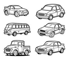A Set of Black and White Line Art Car and Bus Icons vector