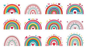 A Set of Rainbow Illustrations with Hearts and Patterns vector