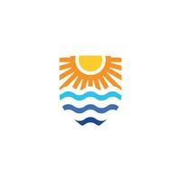 Sea shield logo with modern concept in cheerful color. Combination of Beach and Shield Logo Design vector