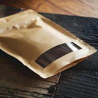 Rustic Paper Bag on Wooden Table with Dark Content Reveal For Social Media Post Size photo