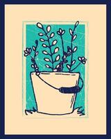 Rustic Print of a Potted Plant in Vibrant Teal and Beige Colors vector
