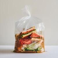Plastic trash bag with sandwich remnants against plain white background For Social Media Post Size photo