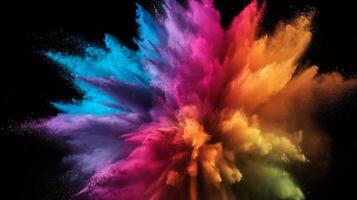 Vibrant explosion of colorful powders creating a stunning visual display against a black background. photo