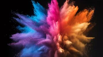Colorful explosion of vibrant powder against a dark background, creating a dynamic and artistic atmosphere. photo