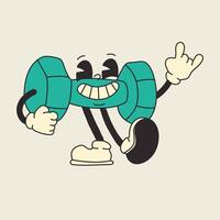A retro cartoon-style dumbbell character with a groovy 70s-inspired design. Playful, colorful, and funky, perfect for vintage fitness and sports themesr vector