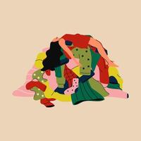 A woman lying on top of a pile of clothes with an anxious expression, representing depression, stress, and the overwhelming burden of household duties vector