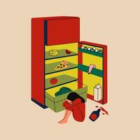 A woman sitting on the floor next to an open refrigerator with scattered food, showing an anxious expression. A representation of depression, stress, and the overwhelming burden of household duties vector