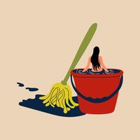 A woman completely absorbed in cleaning, showing an anxious expression. A representation of depression, stress, and the overwhelming burden of household duties vector