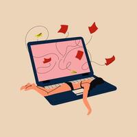 A woman lying on her laptop with papers falling out, showing an anxious expression. A representation of depression, stress, heavy workload, and deadline pressure vector