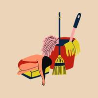 A woman anxiously trying to keep busy cleaning but unable to keep up, showing an overwhelmed expression. A representation of depression, stress, and the burden of heavy household duties vector