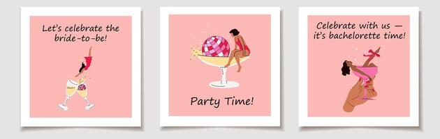 A set of bachelorette party invitation greeting cards featuring fun and stylish party vibes. Designed for a festive celebration with modern and glamorous themes vector