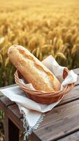 A beautifully lit image of a freshly baked baguette resting in a rustic wicker basket photo