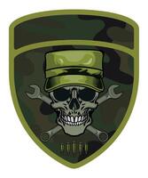 military army green chevron military driver with skull in cap and goggles with crossed wrenches vector