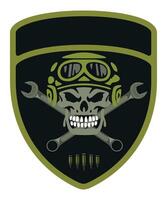 military army camouflage chevron military driver with skull in helmet and goggles with crossed wrenches vector