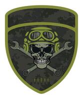 military army camouflage chevron military driver with skull in cap and goggles with crossed wrenches isolated vector