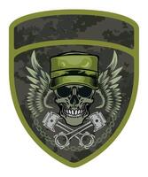 military army green chevron military driver with skull in cap and goggles with crossed engine pistons and wings vector