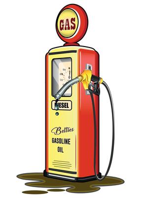 Retro yellow and red gas station with hose on white background