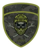 military army camouflage chevron military driver with skull in racing helmet and goggles with crossed wrenches vector