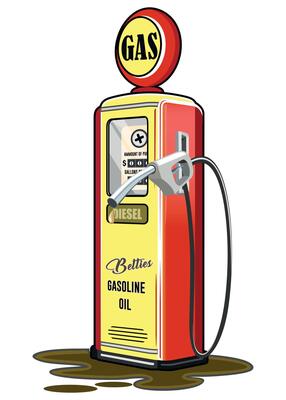 Retro yellow and red gas station with hose isolated