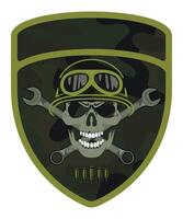 military army chevron military driver with skull in helmet and goggles with crossed wrenches vector