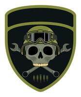 military army green chevron military driver with skull in helmet and goggles with crossed wrenches vector