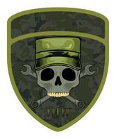 military army camouflage chevron military driver with skull in cap and goggles with crossed wrenches vector