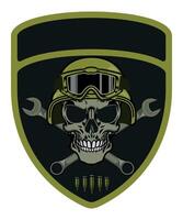 military army green chevron military driver with skull in helmet and goggles with crossbones vector