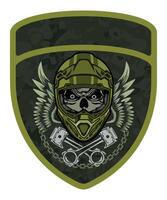 military army camouflage chevron military driver with skull in racing helmet and goggles with crossed engine pistons and wings vector