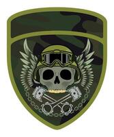military army camouflage chevron military driver with skull in cap and goggles with crossed engine pistons and wings vector