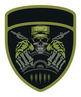 military army camouflage chevron military driver with skull in military cap with hands gripping steering wheel vector