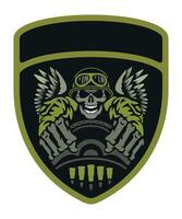 military army camouflage chevron military driver with skull in military helmet and goggles with hands clasped steering wheel and fenders vector