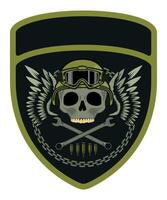 military army green chevron military driver with skull in cap and goggles with crossed wrenches and wings vector