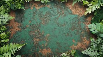 Green and brown grunge texture background with tropical plants photo