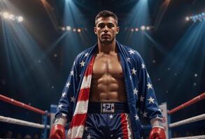 A boxer in an american flag robe standing in the ring photo