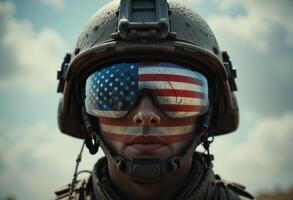 A soldier with an american flag painted on his face photo