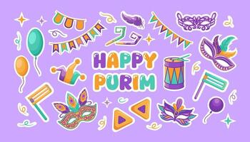 Happy Purim set vibrant illustration featuring essential elements like hamentashen, masks, festive garlands, jester hats, and colorful balloons, capturing the joy and fun of the holiday. vector