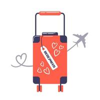 A whimsical illustration depicting a travel suitcase adorned with heart patterns, symbolizing romance. Airplane silhouette soar above, evoking the excitement of adventure, perfect for a vector